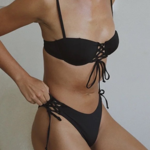 Luna Black Sexy Lace Up Underwire Cheeky 2PC Bikini Swimsuit Set - Picture 3 of 4